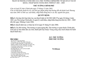 Quyết định 323/2005/QĐ-TTg quản lý xuất  nhập khẩu hàng hoá thời kỳ 2001 - 2005  gia hạn thời hạn hiệu lực Qđ 46/2001/QĐ-TTg