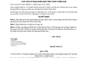 Quyết định 4125/QĐ-UBND 2005 tổ chức hoạt động Quỹ hỗ trợ Sáng tạo khoa học kỹ thuật Thừa Thiên Huế