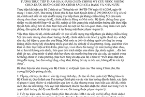 Chỉ thị 193/2005/CT-BQP thực hiện chế độ chính sách đối tượng trực tiếp tham gia kháng chiến chống Mỹ cứu nước chưa được hưởng chế độ chính sách