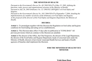 Decision No. 41/2005/QD-BYT of December 8, 2005, promulgating the regulation on food safety and hygiene conditions for food trading and eating service establishments.