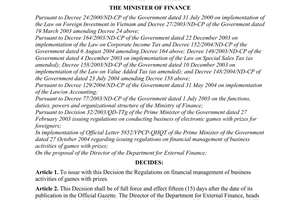 Decision No. 91/2005/QD-BTC of December 8, 2005, issuing regulations on financial management of business activities of games with prizes.