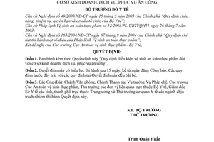 Quyết định 41/2005/QĐ-BYT  điều kiện vệ sinh an toàn thực phẩm đối với cơ sở kinh doanh, dịch vụ, phục vụ ăn uống