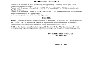 Decision No. 4773/QD-BTC, promulgated by the Ministry of Finance, on correction of the Finance Minister’s Decision No. 81/2005/QD-BTC of November 18, 2005, for the implementation of the commitments in the Vietnam-US Agreement on Textile and Garment Trading, into “Under Headings from No. 6301 to 6308.