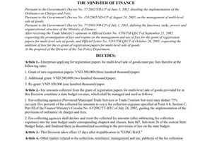 Decision no. 92/2005/QD-BTC of December 9, 2005 providing for fee rates and the regime on collection, remittance, management and use of fees for the grant of registration papers for multi-level sale of goods