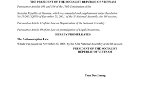 Order No. 26/2005/L-CTN of December 9, 2005, on the Promulgation of the Antin-corruption Law.