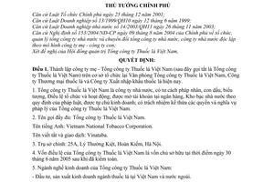 Quyết định 327/2005/QĐ-TTg thành lập Công ty mẹ - Tổng công ty Thuốc lá Việt Nam