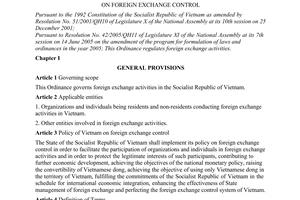 Ordinance No. 28/2005/PL-UBTVQH11 of December 13th, 2005, on foreign exchange control.
