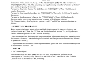 Circular no. 111/2005/TT-BTC of December 13, 2005 guiding value added tax and enterprise income tax for insurance business