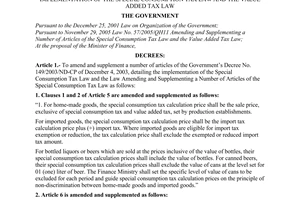 Decree of Government No. 156/2005/ND-CP, amending and supplementing the decrees which detail the implementation of the Special Consumption Tax Law and the Value Added Tax Law.