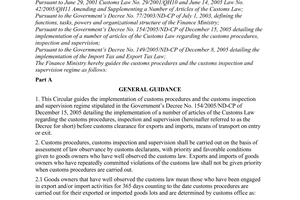 Circular no. 112/2005/TT-BTC of December 15, 2005 guiding customs procedures, customs inspection and supervision