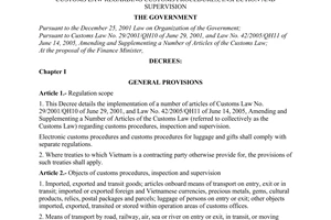Decree no. 154/2005/ND-CP of December 15, 2005 detailing the implementation of a number of articles of the customs law regarding customs procedures, inspection and supervision