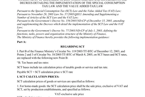 Circular No. 115/2005/TT-BTC, promulgated by the Ministry of Finance, guiding the implementation of the Government’s Decree No. 156/2005/ND-CP of December 16, 2005, which amends and supplements the Decrees detailing the implementation of the Special Consumption Tax Law and the Value Added Tax Law.