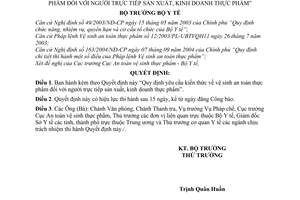 Quyết định 43/2005/QĐ-BYT yêu cầu kiến thức vệ sinh an toàn thực phẩm đối với người trực tiếp sản xuất, kinh doanh thực phẩm