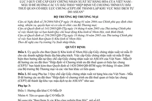 Quyết định 3106/2005/QĐ-BTM ủy quyền cấp Giấy chứng nhận xuất xứ mẫu D bổ sung Phụ lục 3 Quy chế Việt Nam ưu đãi thuế quan CEPT khu vực mậu dịch tự do