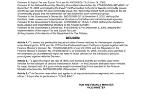 Decision No. 98/2005/QD-BTC, amending the preferential import tax rates of motor vehicles for the transport of persons under headings No. 8702 and No. 8703 in the Preferential Import Tariff, promulgated by the Ministry of Finance.