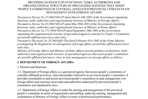 Joint-Circular No. 22/2005/TTLT-BNG-BNV of December 22nd 2005, providing guidance on functions, tasks, authorities and organizational structure of specialized agencies that assist people’s committees of centrall-affiliated provinces, cities in state management over foreign affairs