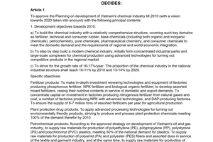 Decision No. 343/2005/QD-TTg, approving the planning on development of Vietnams Chemical Industry till 2010 (with a vision towards 2020 taken into acount), promulgated by the Prime Minister of Government