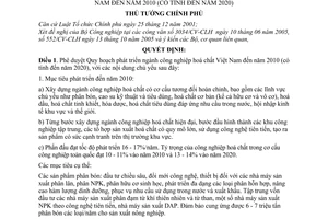 Quyết định 343/2005/QĐ-TTg Quy hoạch phát triển ngành công nghiệp hoá chất Việt Nam đến năm 2010 có tính đến năm 2020