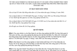 Quyết định 4447/QĐ-UBND 2005 giao nhiệm vụ cho Ban Quản lý các khu công nghiệp Bến Tre