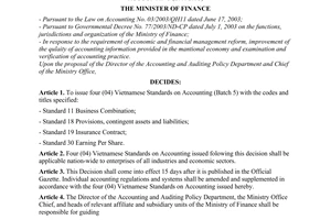 Decision No. 100/2005/QD-BTC of December 28, 2005, on the issuance and publication of six Vietnamese standards on accounting (batch 5).
