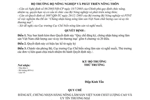 Quyết định 3699/QĐ-BNN-CB Quy chế đăng ký, chứng nhận hàng nông lâm sản Việt Nam chất lượng cao uy tín thương mại