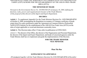 Decision No. 3188/2005/QD-BTM of December 30, 2005, promulgating amendments and supplements to the regulation on issuance of Vietnams certificate of goods origin - form d to enjoy preferences under the Agreement on Common Effective Preferential Tariff (CEPT) scheme for the establishment of the ASEAN free-trade area (AFTA).