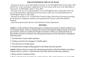 Decision No. 1909/QD-NHNN of December 30, 2005, on the use of several types of bonds by credit institutions in refinancing transactions of the State Bank