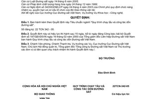 Quyết định 75/2005/QĐ-BGTVT Tiêu chuẩn ngành Quy trình chạy tầu công tác dồn đường sắt Số đăng ký 22 TCN 342 - 05.