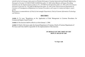 Decision No. 2148/QD-TCHQ of the Chief of General Department of Customs on promulgation of “regulations on application of risk management in customs procedures for commercial import and export goods”