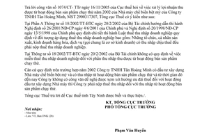 Công văn 68/TCT-DNK xử lý lợi nhuận thu được từ hoạt động bán sản phẩm chạy thử năm 2002 của Nhà máy chế biến bột mỳ của Công ty TNHH Tân Hoàng Minh