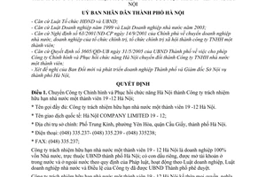 Quyết định 10/2006/QĐ-UB chuyển Công ty Chỉnh hình  Phục hồi chức năng Hà Nội thành Công ty TNHH nhà nước 1 thành viên 19-12