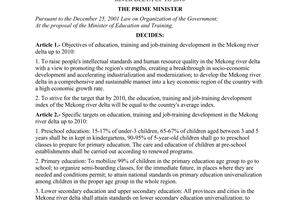 Decision No. 20/2006/QD-TTg of January 20, 2006 on education, training and job-training development in The Mekong River delta up to 2010