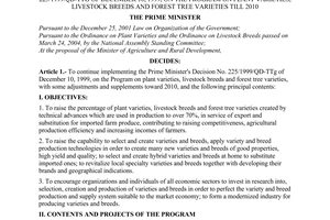 Decision No. 17/2006/QD-TTg of January 20, 2006 on continued implementation of The Prime Minister's Decision No. 225/1999/QD-TTg of December 10, 1999, on the program on plant varieties, livestock breeds and forest tree varieties till 2010