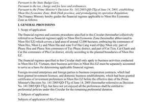 Circular No. 07/2006/TT-BTC of January 20, 2006 guiding the financial regimes applicable to Nhon Hoi economic zone