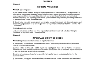 Decree of Government No. 12/2006/ND-CP, making detailed provisions for implementation of the Commercial Law with respect to international purchases and sales of goods; and agency for sale and purchase, processing and transit of goods involving foreign parties.