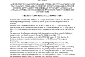 Decision No. 60/2006/QD-BKH of January 23, 2006 authorizing the management board of Nhon Hoi economic zone, Binh Dinh province, to formulate projects; receive and consider project dossiers; grant, adjust and withdraw investment licenses; and manage activities of foreign direct investment projects in Nhon Hoi economic zone