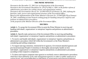 Decision No. 22/2006/QD-TTg, assigning the task of handling individuals', organizations' or enterprises' inquiries and petitions on administrative procedures, promulgated by the Prime Minister of Government