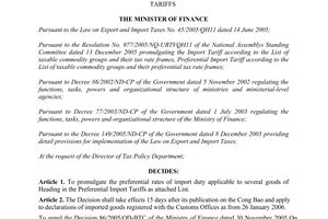Decision No. 06/2006/QD-BTC of January 24th, 2006, on amendment of the preferential rates of import duty applicable to a number of goods under heading 2710 in the preferential import tariffs.