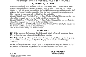 Quyết định 06/2006/QĐ-BTC mức thuế suất nhập khẩu mặt hàng  nhóm 2710  Biểu thuế nhập khẩu ưu đãi