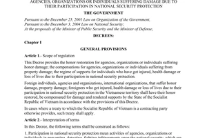 Decree of Government No. 16/2006/ND-CP of January 25, 2006 providing the honor restoration, compensations, supports for agencies, organizations or individuals suffering damage due to their participation in National Security Protection