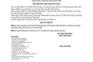 Quyết định 06/2006/QĐ-BTM quy chế thưởng phần kim ngạch xuất khẩu 2005 vượt so với 2004