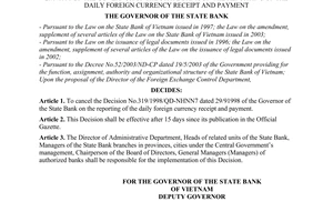 Decision No. 07/2006/QD-NHNN of January 26, 2006, on the cancellation of the Decision No. 319/1998/QD-NHNN7 dated 29/9/1998 of the Governor of the State Bank on the reporting of the daily foreign currency receipt and payment