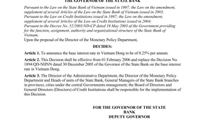 Decision No. 140/QD-NHNN of Jannuary 26, 2006, on the base interest rate in Vietnam Dong