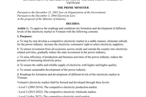 Decision No. 26/2006/QD-TTg of January 26, 2006 approving the roadmap and conditions for formation and development of different levels of the electricity market in Vietnam