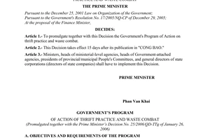 Decision No. 25/2006/QD-TTg of the Prime Minister of Government, promulgating the Government's program of action on thrift practice and waste combat