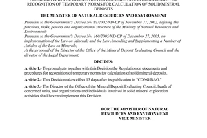 Decision No. 02/2006/QD-BTNMT of the Ministry of Natural Resources and Environment, promulgating the Regulation on documents and procedures for recognition of temporary norms for calculation of solid mineral deposits