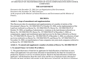 Decree of Government No. 17/2006/ND-CP, amending and supplementing a number of articles of the decrees guiding the implementation of the Land Law and Decree No. 187/2004/ND-CP on transformation of state companies into joint-stock companies