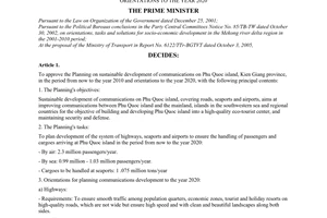Decision No. 14/2006/QD-TTg of January 04, 2006 approving the planning on sustainable development of communications on Phu Quoc island, Kien Giang province, in the period from now to the year 2010 and orientations to the year 2020