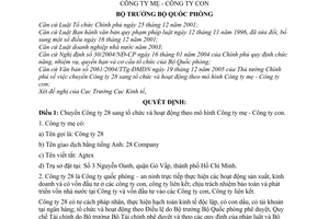 Quyết định 09/2006/QĐ-BQP chuyển Công ty 28 sang tổ chức hoạt động theo mô hình Công ty mẹ con
