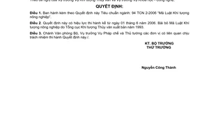 Quyết định 01/2006/QĐ-BTNMT Tiêu chuẩn ngành: 94 TCN 2-2006 mã Luật Khí tượng nông nghiệp